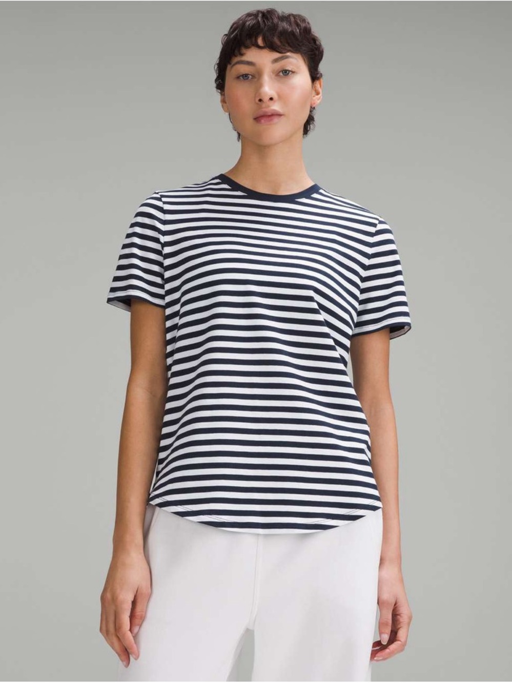 lululemon athletica Navy and White Striped Crew Tee